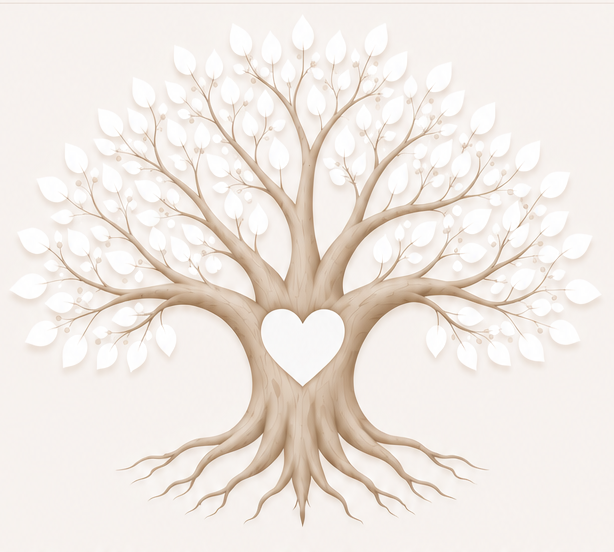 Albero di Voglia di Storia con cuore bianco nel tronco e foglie bianche